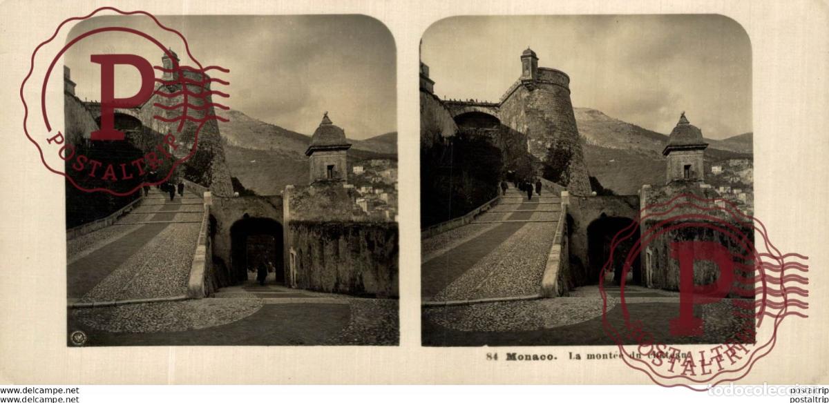 Alte Fotografie: 84 Monaco la mont&eacute;e du Ch&acirc;teau. ESTEREOSCOPICA. ST&Eacute;R&Eacute;OSCOPIQUE. STEREOSCOPIC