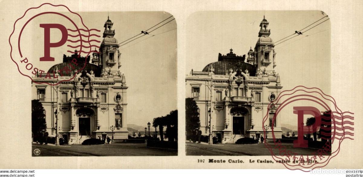 Photographie ancienne: 107 Monte Carlo, Le Casino, entr&eacute;e du th&eacute;&acirc;tre. ESTEREOSCOPICA. ST&Eacute;R&Eacute;OSCOPIQUE. STEREOSCOPIC