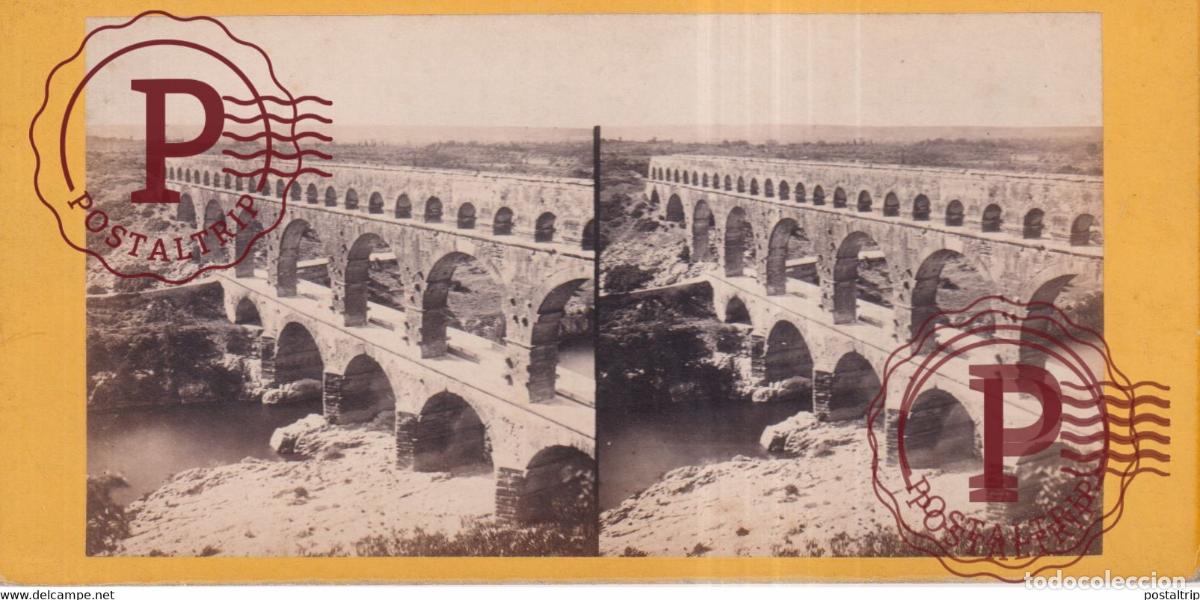 Photographie ancienne: LE PONT DU GARD NIMES RENCONTRE DES FEMMES AQUEDUCT FRANCE +-17.5*8.5CM ESTEREOSCOPICA STEREOSCOPIC