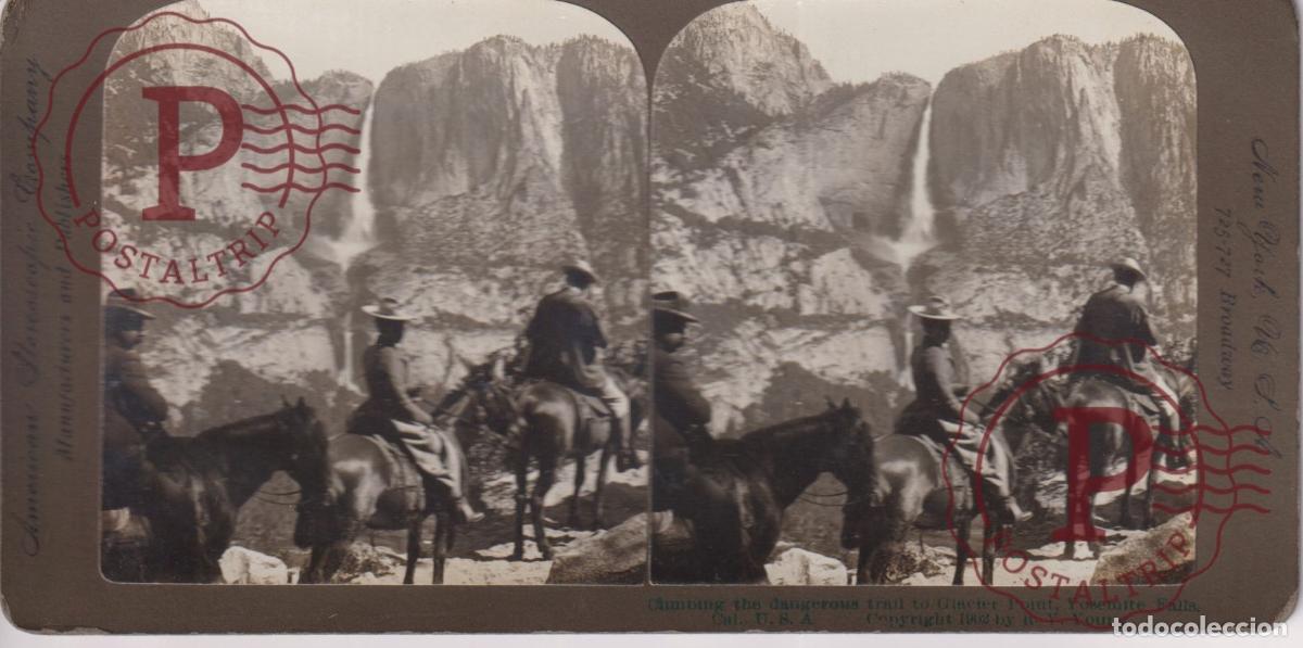 Photographie ancienne: CLIMBING THE TRAIIL TO GLACIER POINT YOSEMITE FALLS. CAL. ESTEREOSCOPICA. AMERICAN STEREOSCOPIC. +-1
