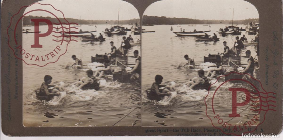Photographie ancienne: GREAT SPORT. THE TUB RACE. PLEASURE BAY NJ. USA.. ESTEREOSCOPICA. AMERICANS STEREOSCOPIC. +-18X9CM