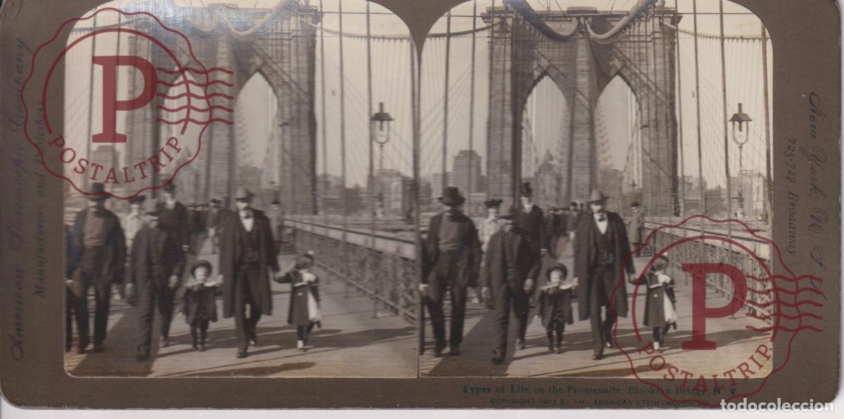Photographie ancienne: USA. NY BROOKLYN BRIDGE. TYPES OF LIFE ON THE PROMENADE. ESTEREOSCOPICA. AMERICANS STEREOSCOPIC. +-1