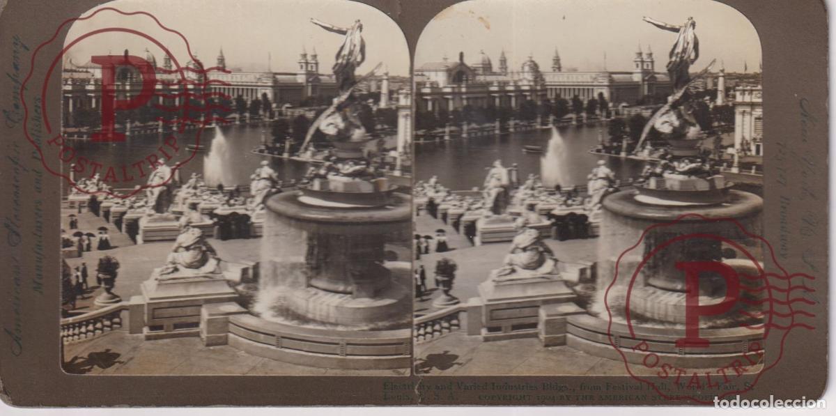 Photographie ancienne: ELECTRICITY AND VARIED INDUSTRIES BLDGS FESTIVAL HALL WORLDS FAIR ST LOUIS ESTEREO AMERICANS STEREO