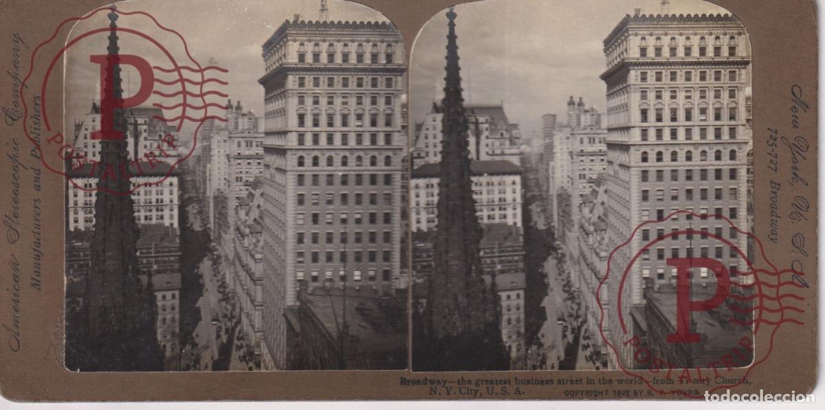 Photographie ancienne: USA. NY BRODWAY. BUSINESS STREET FROM TRINITY CHURCH. ESTEREOSCOPICA AMERICANS STEREOSCOPIC +-18X9C