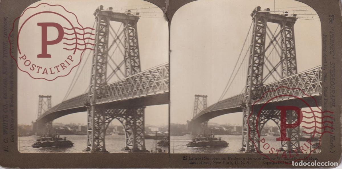 Fotograf&iacute;a antigua: USA NEW YORK. WILLIAMSBURG BRIDGE. LARGEST SUSPENSION BRIDGE WORLD ESTEROSCOPICA ST&Eacute;R&Eacute;OSCOPIQUE STER