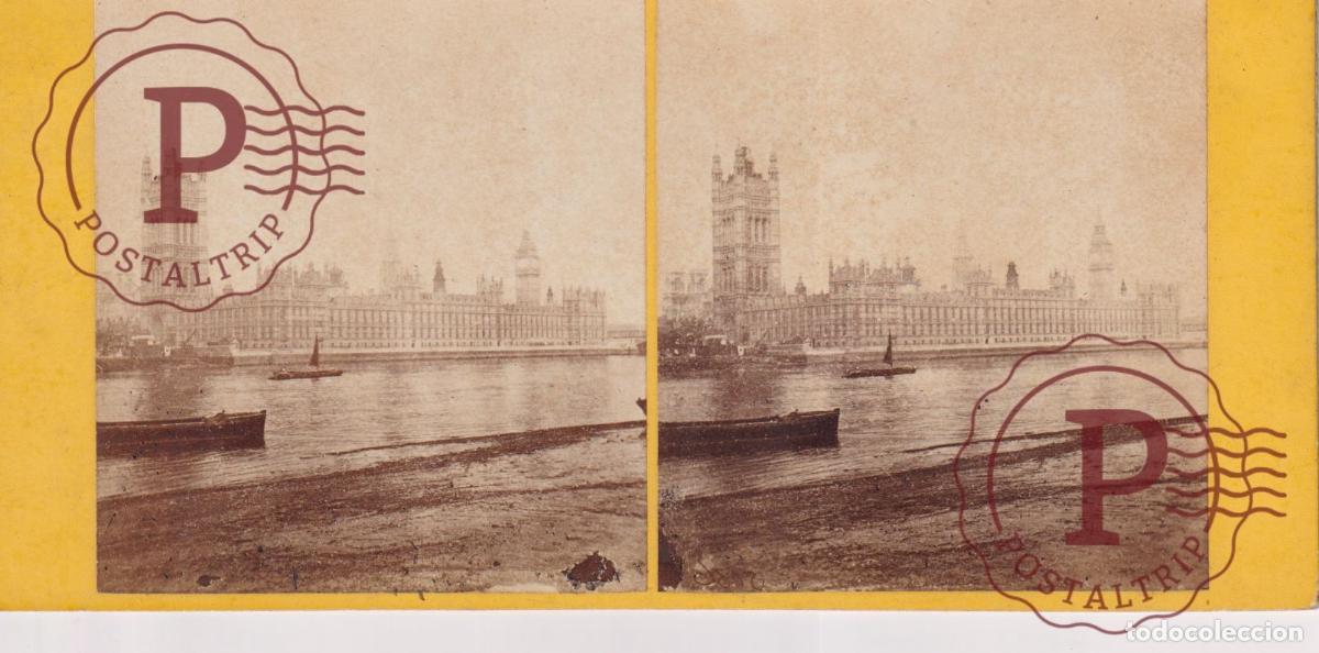 Fotograf&iacute;a antigua: UK. LONDON. HOUSES OF PARLIAMENT WITH BOAT ON RIVER. ESTEROSCOPICA ST&Eacute;R&Eacute;OSCOPIQUE STEREOSCOPIC +- 17