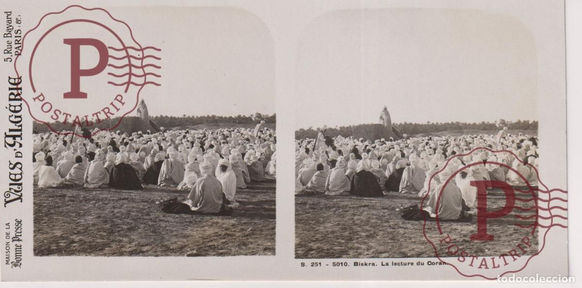 Fotograf&iacute;a antigua: VUES DALGERIE. ARGELIA. BISKRA. LECTURE DU CORAN. ESTEROSCOPICA ST&Eacute;R&Eacute;OSCOPIQUE STEREOSCOPIC +- 17.5