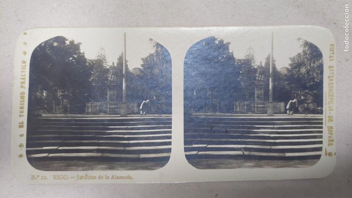 Fotograf&iacute;a antigua: Fotograf&iacute;a estereoscopica Vigo Jardines de la Alameda