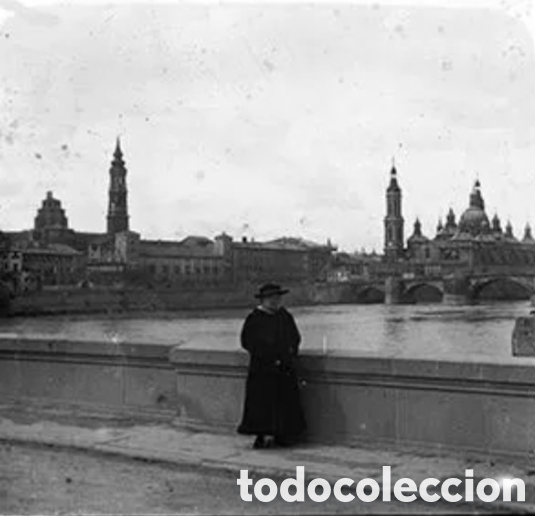 Fotograf&iacute;a antigua: Cristal estereoscopico an&oacute;nimo circa 1900 El Pilar Zaragoza desde Puente Hierro, Se&ntilde;ora