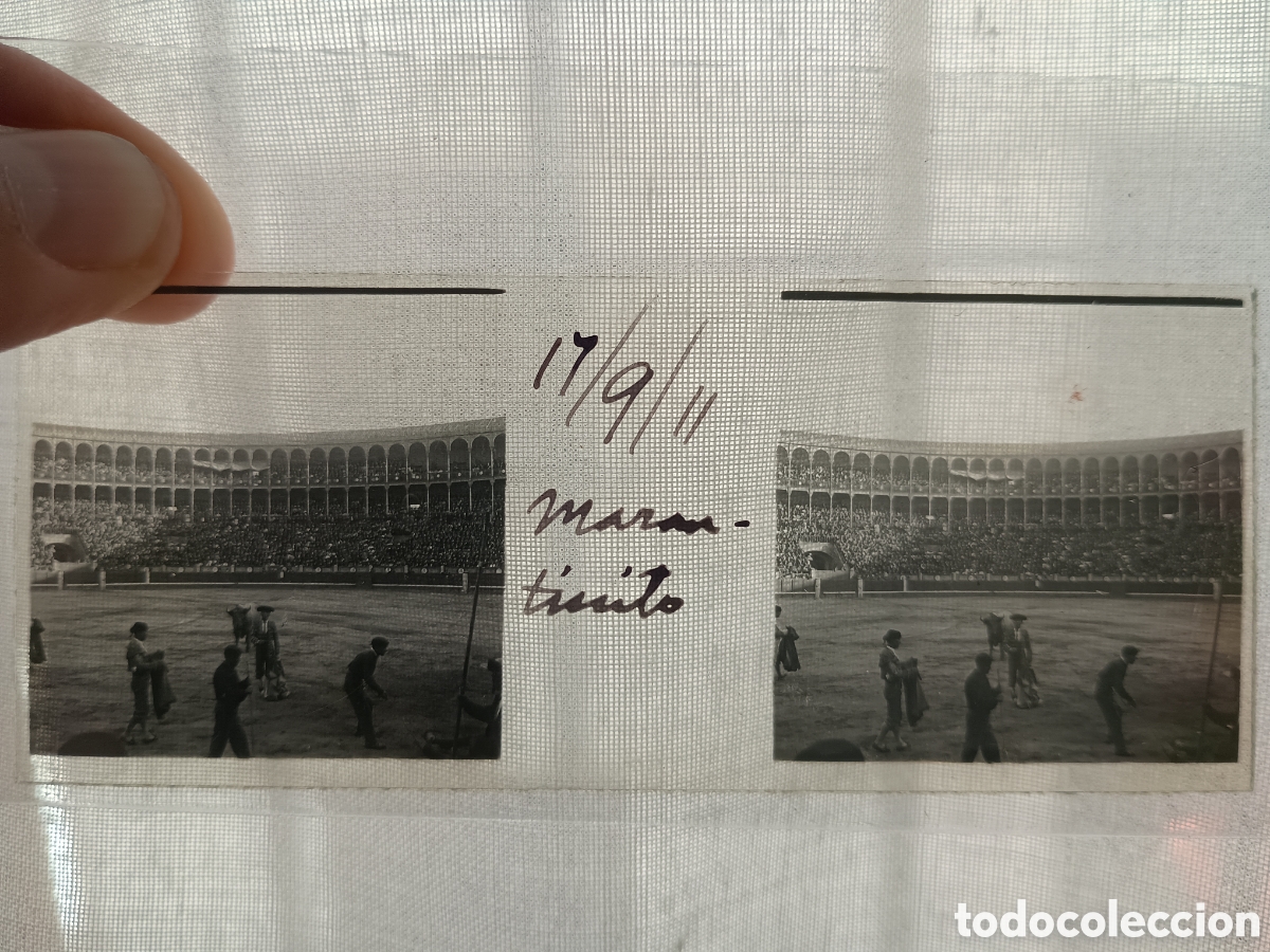 Fotograf&iacute;a antigua: fotograf&iacute;a estereosc&oacute;pica en cristal. Mazzantinito en plaza de toros Fuente del Berro de Madrid.1911