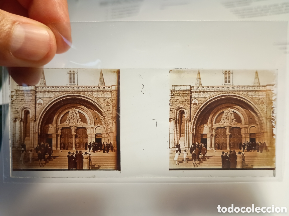 Fotograf&iacute;a antigua: Placa fotograf&iacute;a estereosc&oacute;pica bas&iacute;lica Ntra Sra del Rosario de Lourdes (Francia)