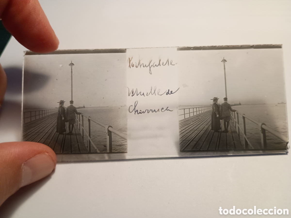 Fotograf&iacute;a antigua: Placa fotograf&iacute;a estereosc&oacute;pica cristal de Portugalete (Vizcaya). Muelle de Churruca. Pareja. H 1900