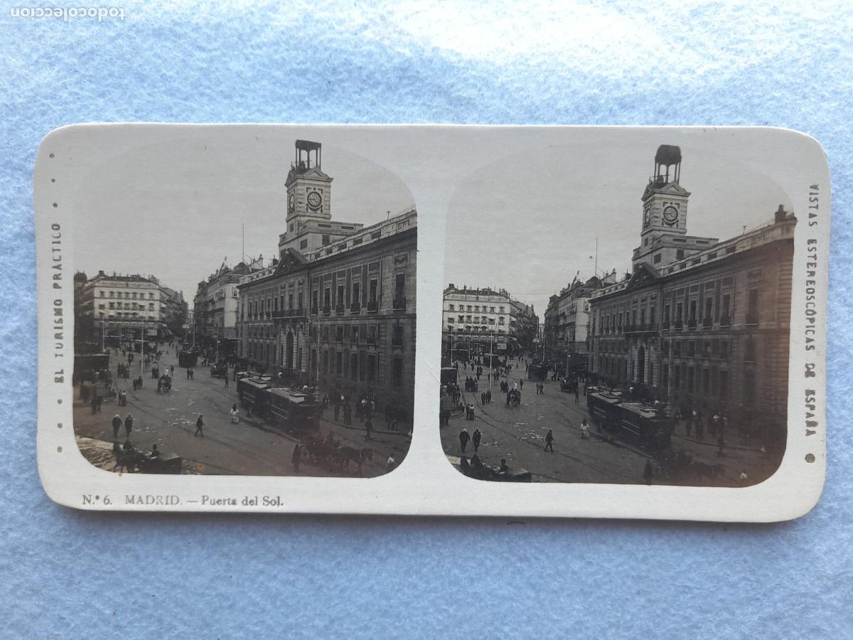 Fotograf&iacute;a antigua: Fotograf&iacute;a estereosc&oacute;pica antigua. Madrid. Puerta del sol. Tranv&iacute;a.