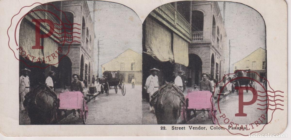 Fotograf&iacute;a antigua: PANAMA. COLON. STREET VENDOR. FOTOGRAFIA ESTEREOSCOPICA Stereoscopic st&eacute;r&eacute;oscopique. 18 X 8.5 cm