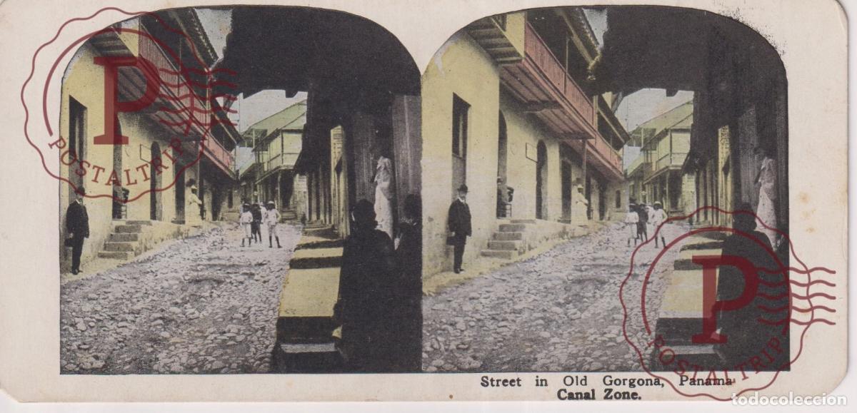Fotograf&iacute;a antigua: PANAMA CANAL ZONE STREET IN OLD GORGONA ESTEREOSCOPICA st&eacute;r&eacute;oscopique 18 X 8.5 cm