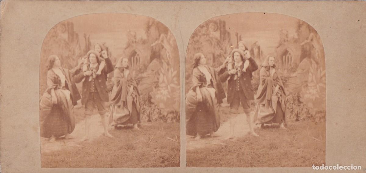 Fotograf&iacute;a antigua: Estereosc&oacute;pica Albumina familia en una excursi&oacute;n, fondo pintado. No figura fot&oacute;grafo