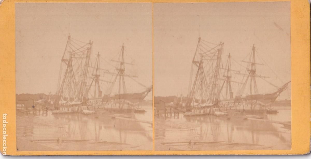 Fotograf&iacute;a antigua: Estereosc&oacute;pica Albumina El barco Eure siendo armado para Mexico (Rochefort)