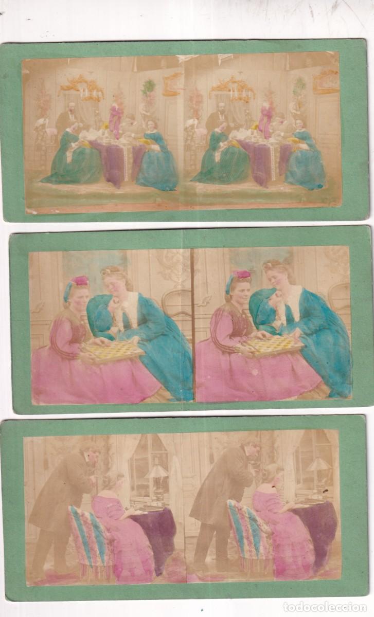 Fotograf&iacute;a antigua: Lote de 3 Estereosc&oacute;picas Albumina iluminadas. Galantes y mujeres. No figura fot&oacute;grafo.