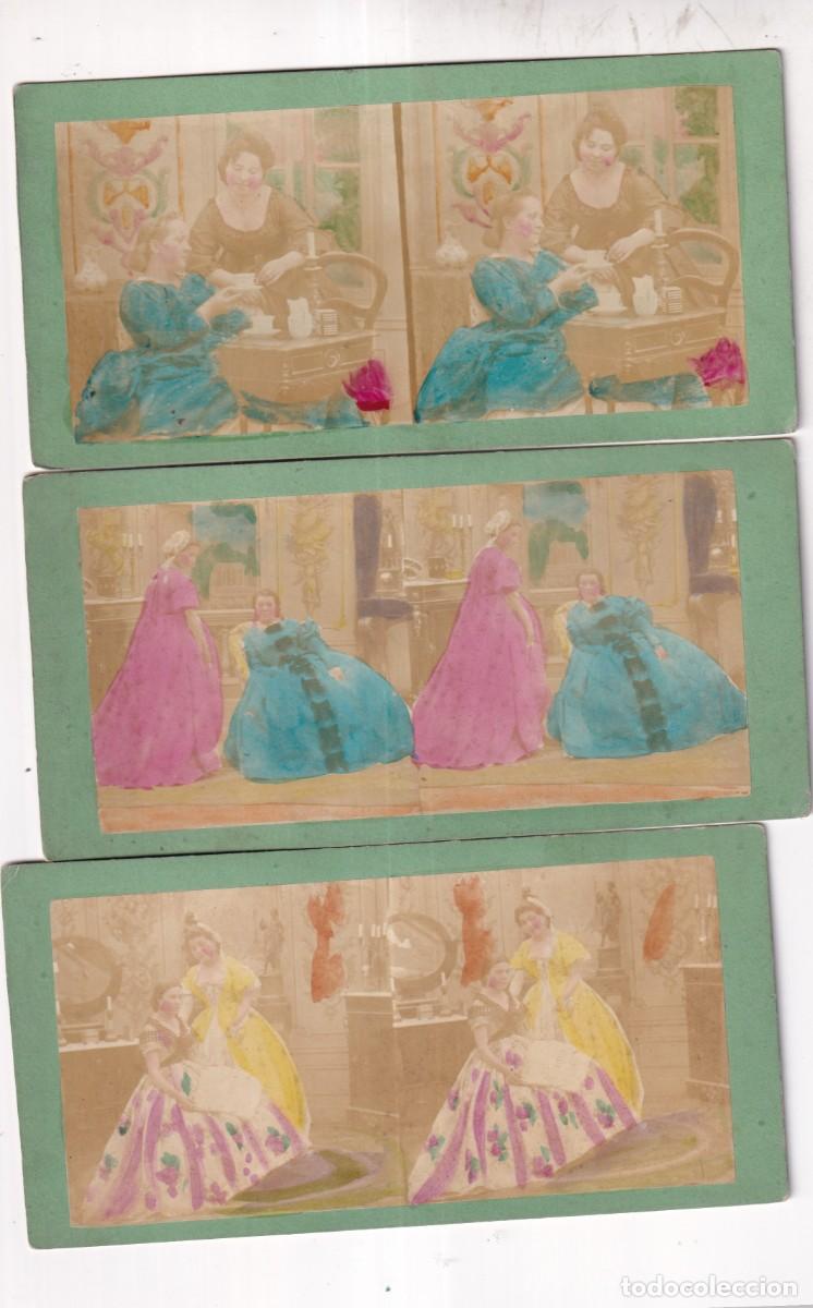 Fotograf&iacute;a antigua: Lote de 3 Estereosc&oacute;picas Albumina iluminadas. Galantes y mujeres. No figura fot&oacute;grafo.