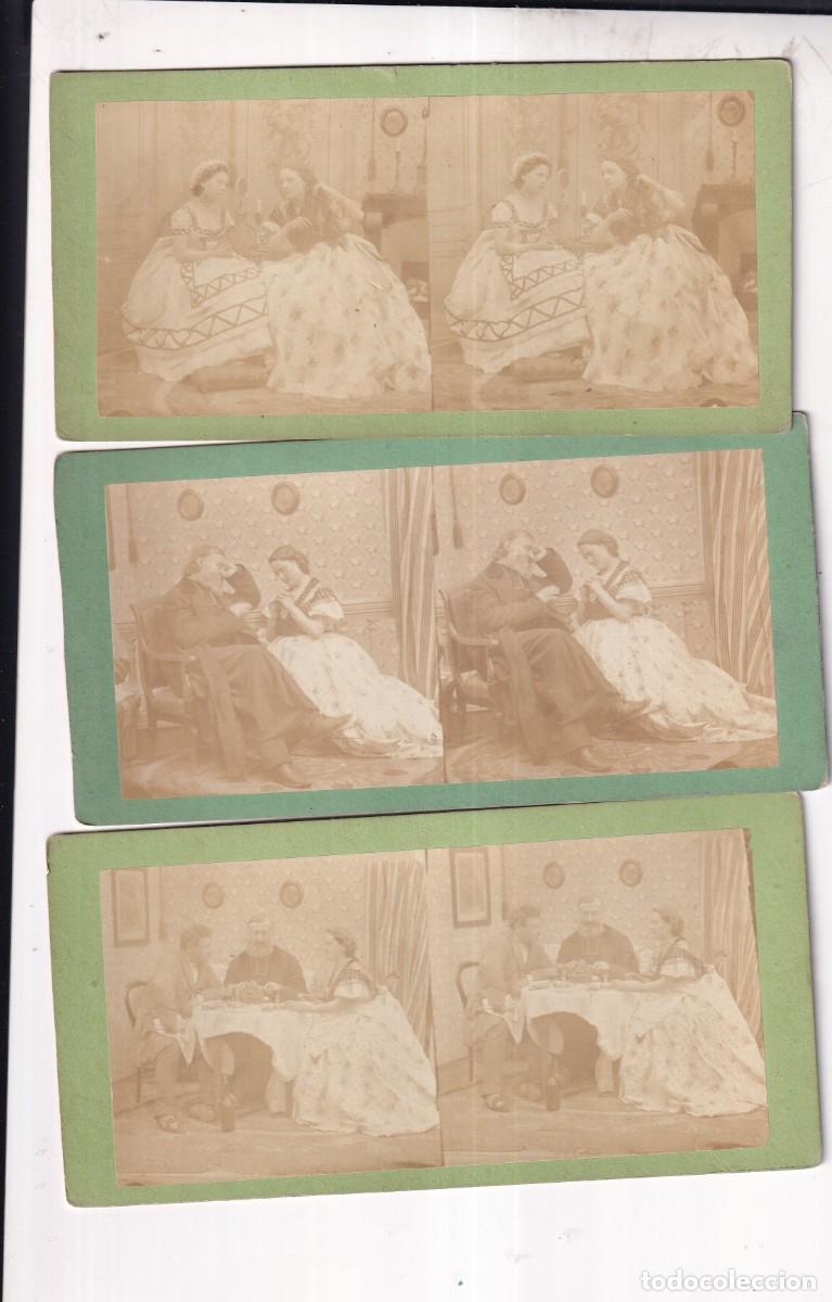 Fotograf&iacute;a antigua: Lote de 3 Estereosc&oacute;picas Albumina. Galantes y mujeres. Escenas familiares.
