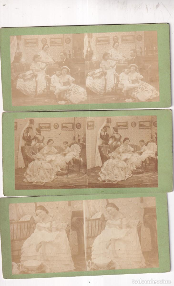 Fotograf&iacute;a antigua: Lote de 3 Estereosc&oacute;picas Albumina. Galantes y mujeres. Escenas familiares.