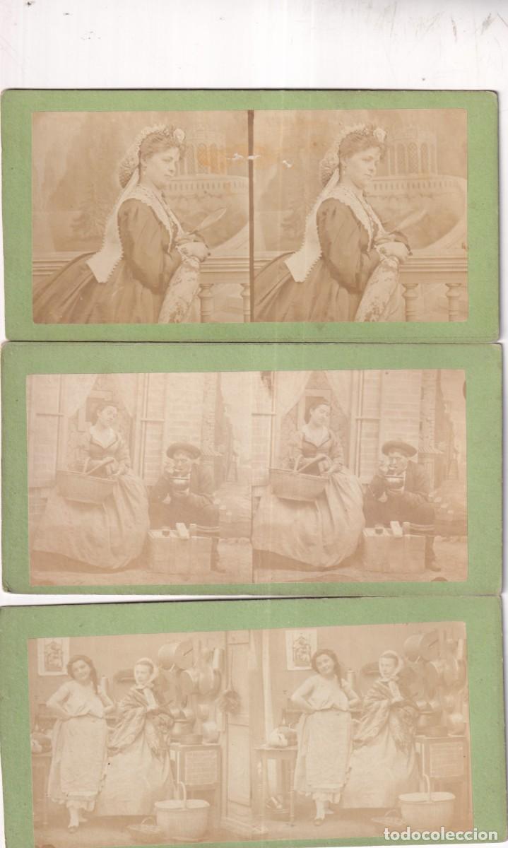 Fotograf&iacute;a antigua: Lote de 3 Estereosc&oacute;picas Albumina. Galantes y mujeres. Escenas familiares.