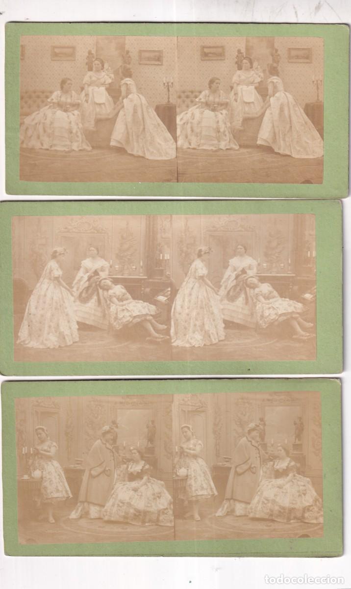 Fotograf&iacute;a antigua: Lote de 3 Estereosc&oacute;picas Albumina. Galantes y mujeres. Escenas familiares.