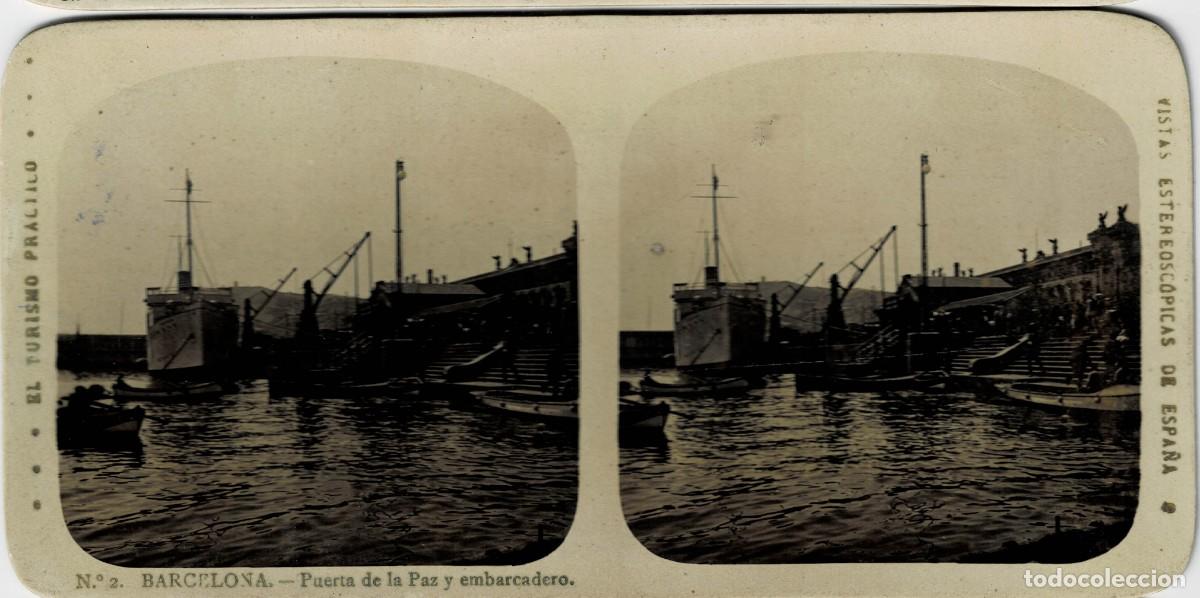 Fotograf&iacute;a antigua: FOTOGRAF&Iacute;A ESTEREOSCOPICA BARCELONA. PUERTA DE LA PAZ Y EMBARCADERO. P-ESTEO-427