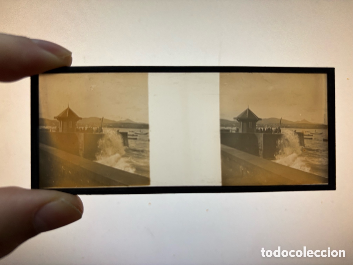 Fotografia antiga: LA CORU&Ntilde;A, MUELLE DE LA BATERIA, PLACA ESTEREOSCOPICA POSITIVO EN CRISTAL - c.1920