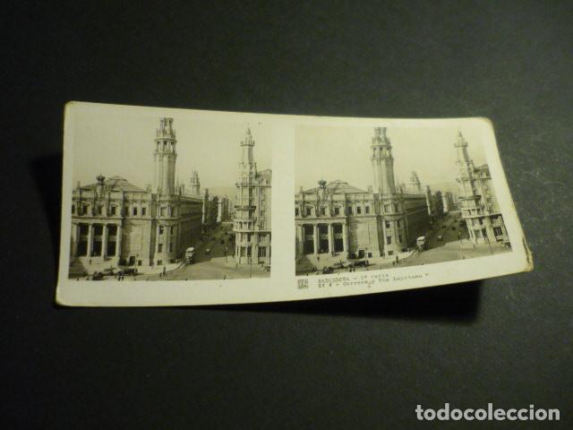 Fotograf&iacute;a antigua: BARCELONA CORREOS Y VIA LAYETANA ANTIGUA VISTA ESTEREOSCOPICA 6 X 13 CM