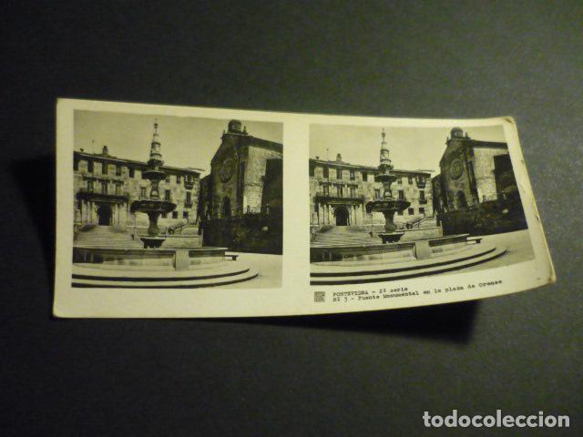 Fotograf&iacute;a antigua: PONTEVEDRA FUENTE MONUMENTAL EN LA PLAZA DE ORENSE ANTIGUA VISTA ESTEREOSCOPICA 6 X 13 CM