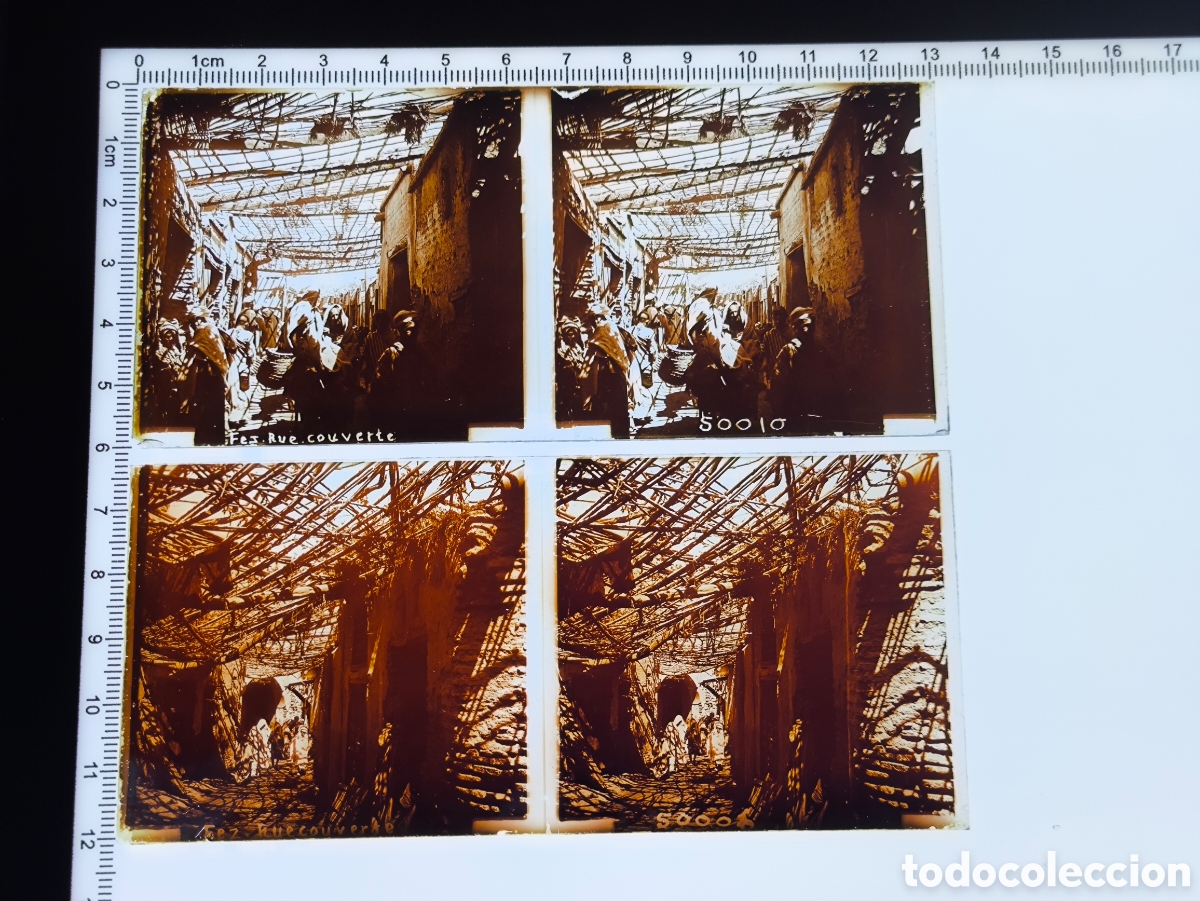 Fotograf&iacute;a antigua: Antiguas placas cristal vidrio estereosc&oacute;pico Calle Cubierta Rue couverte Zoco de Fez Marruecos