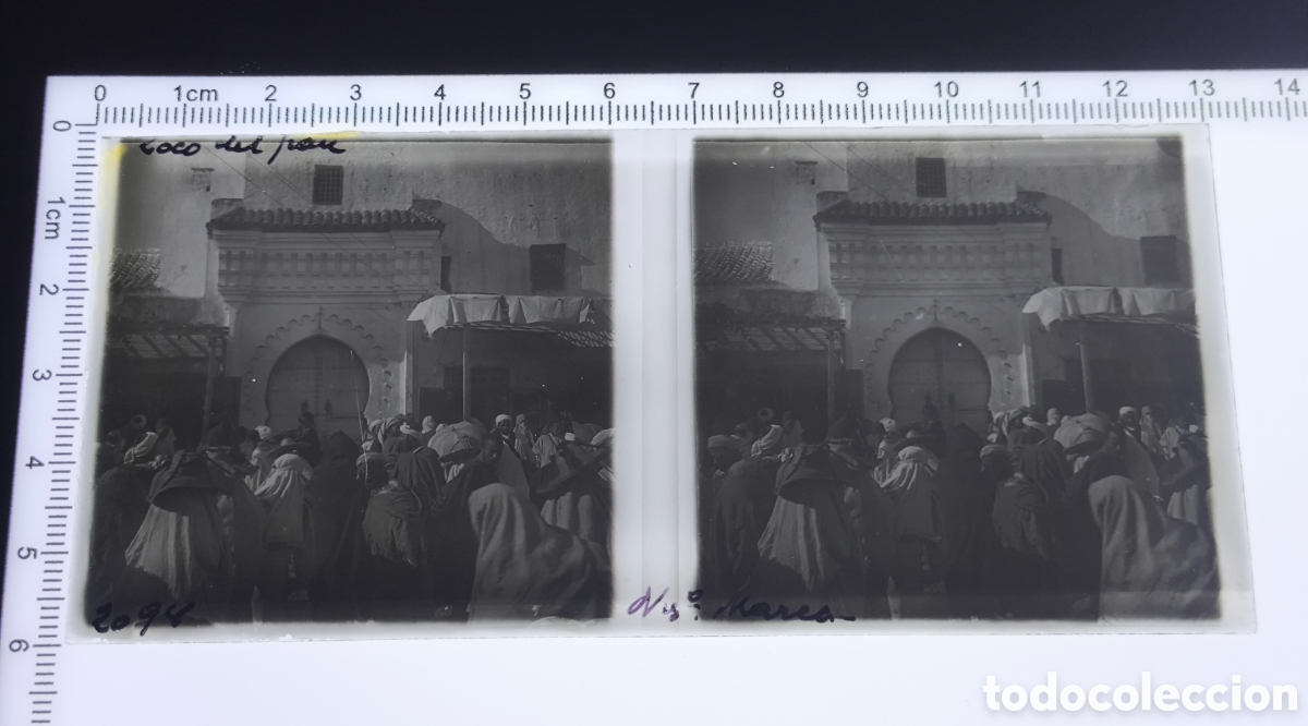 Fotograf&iacute;a antigua: Antigua placa cristal vidrio estereosc&oacute;pico Zoco del Pan Protectorado Espa&ntilde;ol Tetu&aacute;n Marruecos