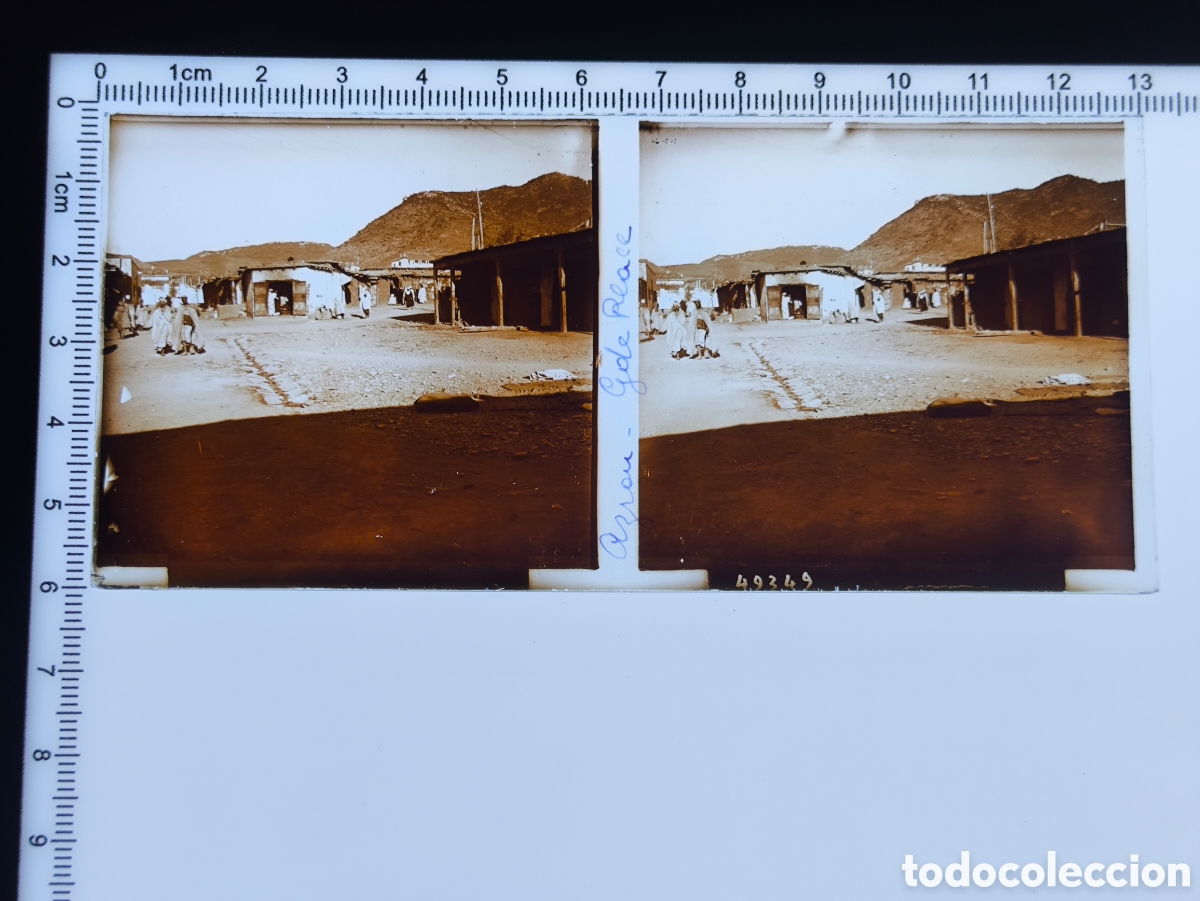 Fotograf&iacute;a antigua: Antigua placa cristal vidrio estereosc&oacute;pico Gran Plaza de Azrou Protectorado Franc&eacute;s Marruecos