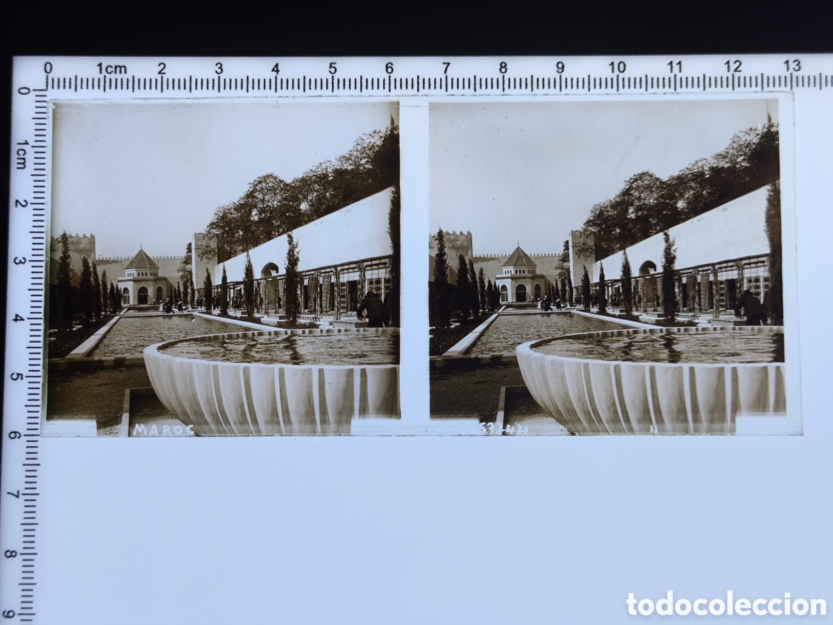 Fotograf&iacute;a antigua: Placa cristal vidrio estereosc&oacute;pico Pabell&oacute;n Marruecos Exposici&oacute;n Colonial Internacional Paris 1931