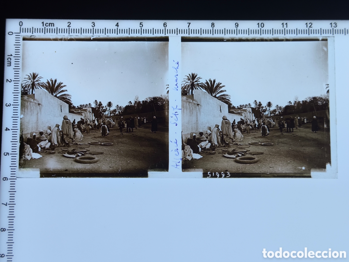Fotograf&iacute;a antigua: Antigua placa cristal vidrio estereosc&oacute;pico Colonia &Aacute;frica Francesa Zoco Mercado Sebt Argelia
