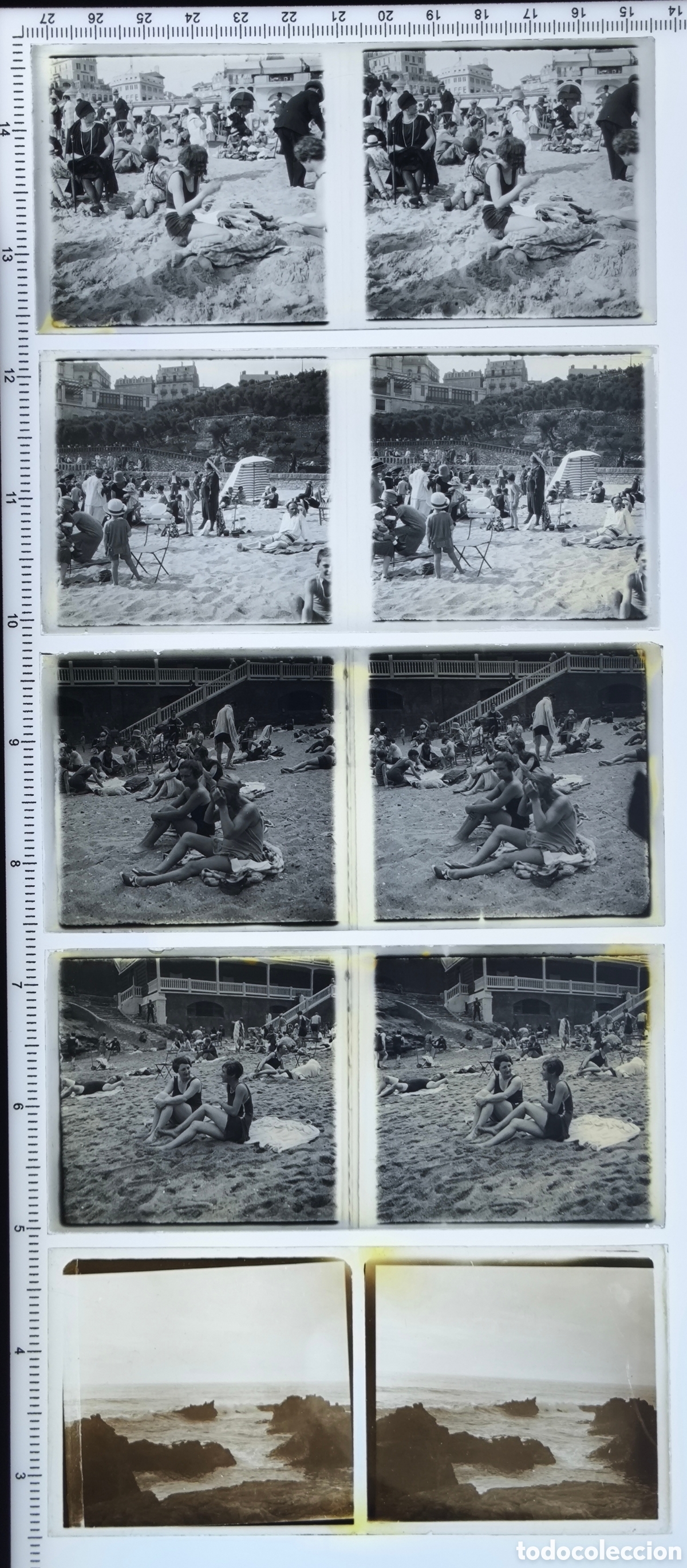 Fotograf&iacute;a antigua: Antiguas placas cristal vidrio estereosc&oacute;pico playa costa Biarritz Pa&iacute;s Vasco Franc&eacute;s Francia
