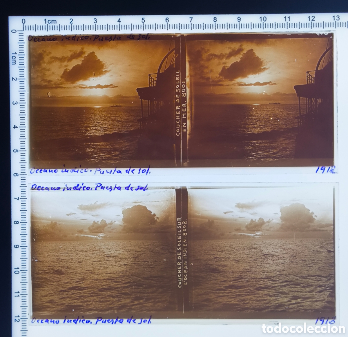 Fotograf&iacute;a antigua: Antiguas placas cristal vidrio estereosc&oacute;pico Puesta de Sol en el Oc&eacute;ano &Iacute;ndico