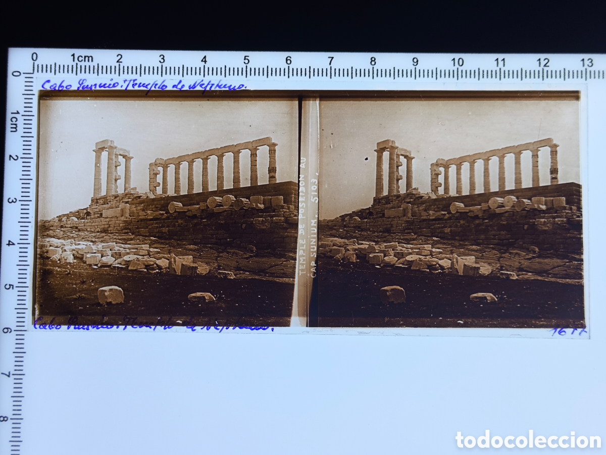 Fotograf&iacute;a antigua: Antigua placa cristal vidrio estereosc&oacute;pico Templo de Poseid&oacute;n Cabo Sunio &Aacute;tica Atenas Grecia