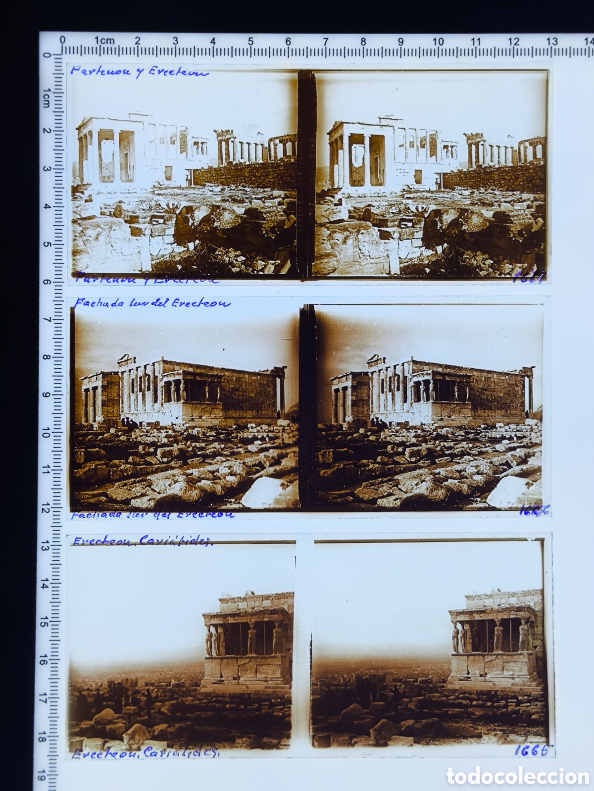 Fotograf&iacute;a antigua: Antiguas placas cristal vidrio estereosc&oacute;pico Cari&aacute;tides Erecte&oacute;n Parten&oacute;n Acr&oacute;polis Atenas Grecia