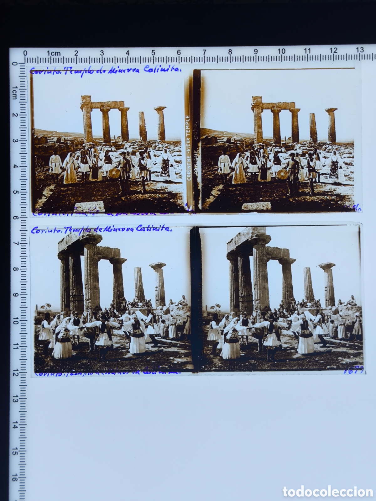Fotograf&iacute;a antigua: Antiguas placas cristal vidrio estereosc&oacute;pico Danza Folcl&oacute;rica Templo de Apolo Corinto Grecia