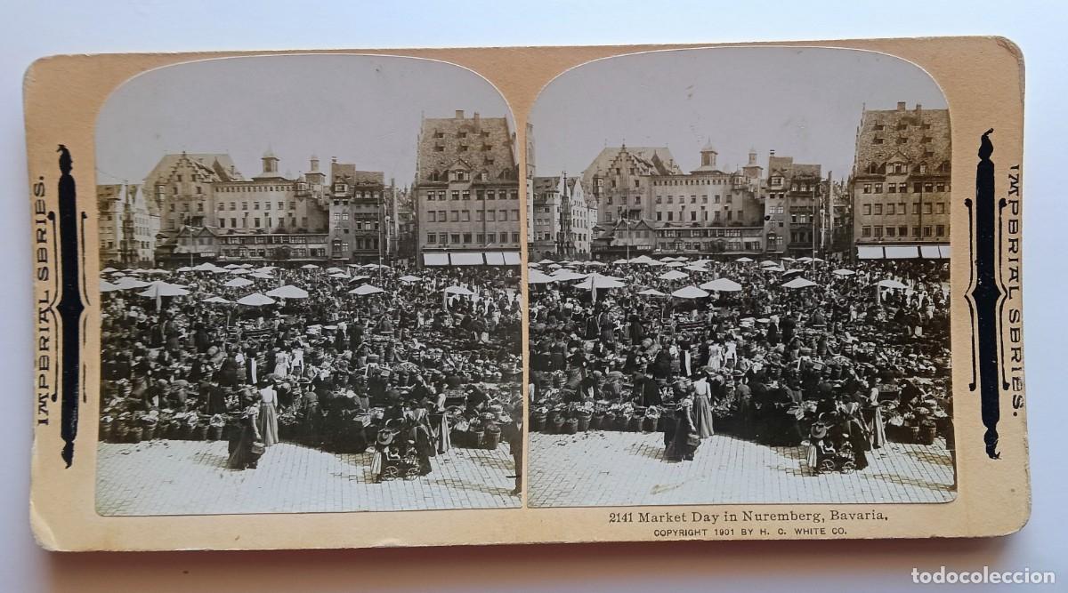 Fotograf&iacute;a antigua: NUREMBERG MERCADO ANTIGUA ESTEREOSCOPICA DE IMPERIAL SERIES FORMATO 9 X 18 cm.
