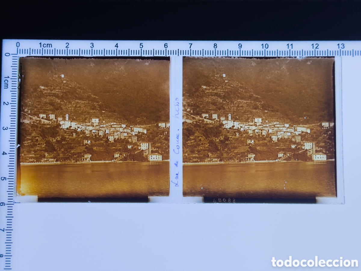 Photographie ancienne: Antigua placa cristal vidrio estereosc&oacute;pico Lago de Como Nesso Lombard&iacute;a Italia
