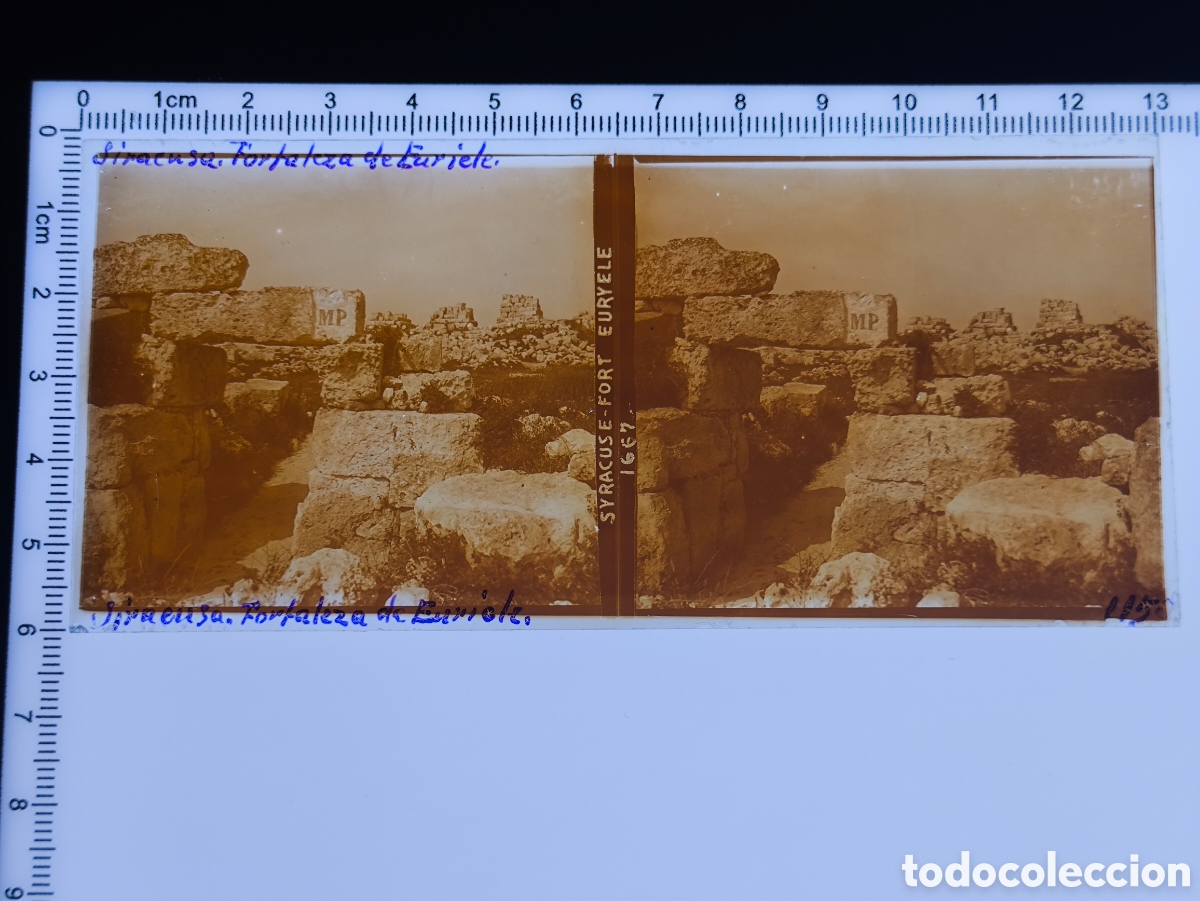 Photographie ancienne: Antigua placa cristal vidrio estereosc&oacute;pico Castillo Castello Eurialo Siracusa Sicilia Italia
