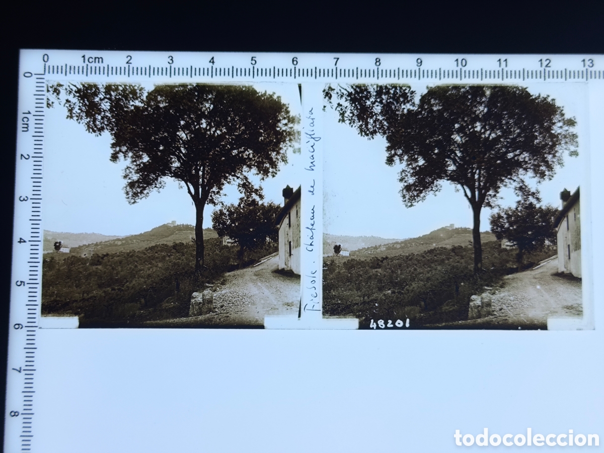 Fotograf&iacute;a antigua: Antigua placa cristal vidrio estereosc&oacute;pico Castillo Castello Vincigliata Fiesole Toscana Italia