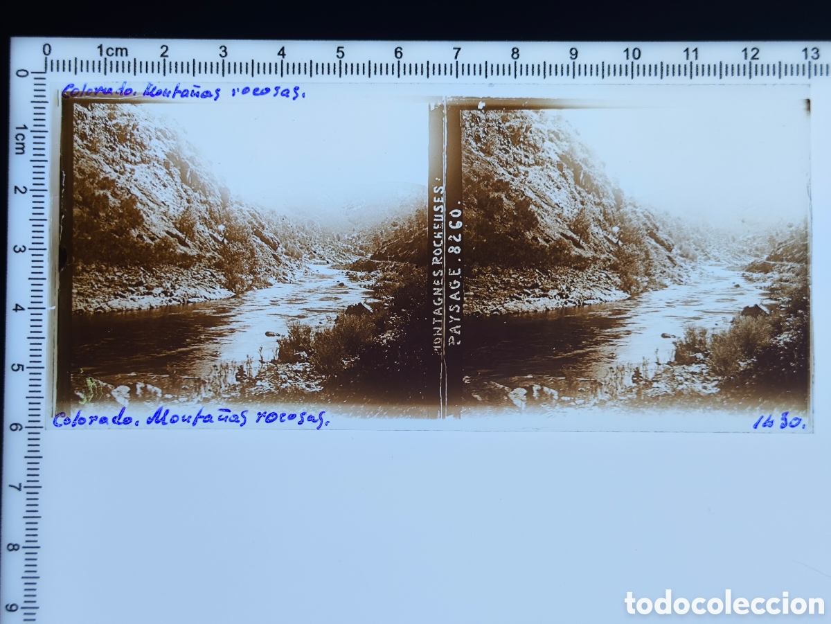 Fotograf&iacute;a antigua: Antigua placa cristal vidrio estereosc&oacute;pico Monta&ntilde;as Rocosas R&iacute;o Colorado Estados Unidos