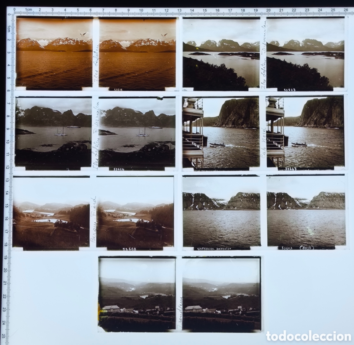 Fotograf&iacute;a antigua: Placas cristal vidrio estereosc&oacute;pico Islas Lofoten Fiordos Cabo Norte Spitzberg Trondhjem Noruega