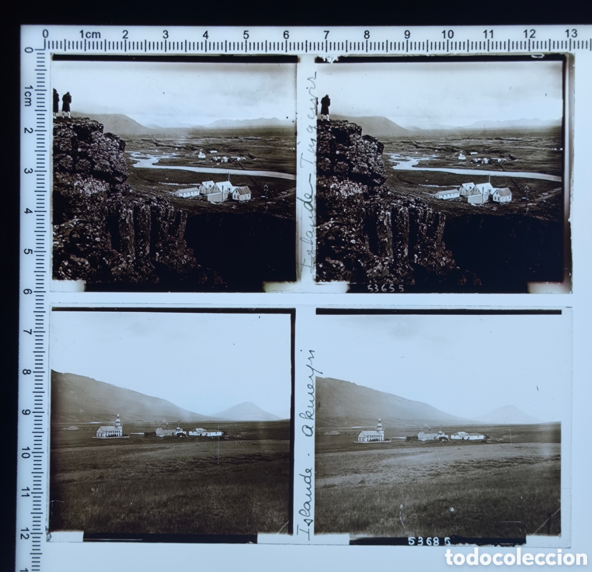 Fotograf&iacute;a antigua: Placas cristal vidrio estereosc&oacute;pico Iglesia de Grund Akureyri Parque Nacional Thingvellir Islandia