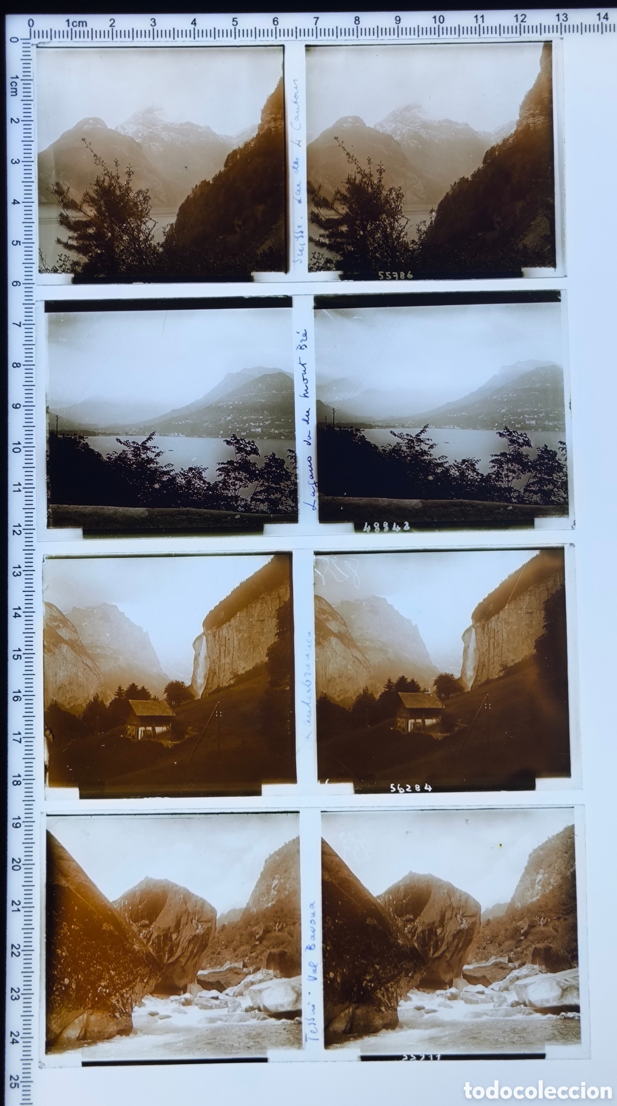 Fotograf&iacute;a antigua: Placas cristal vidrio estereosc&oacute;pico Lago Cuatro Cantones Lugano Lauterbrunnen Valle de Bavona Suiza