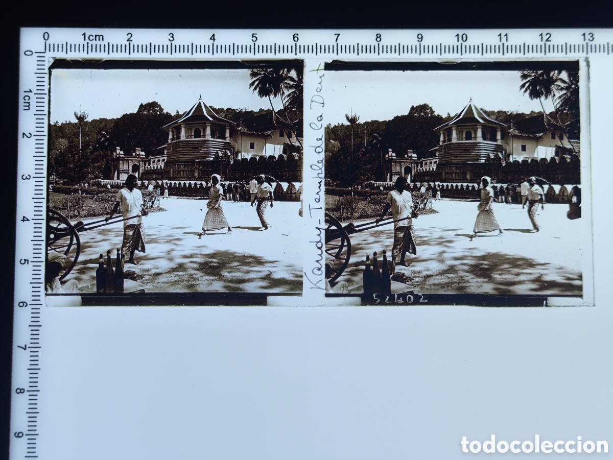 Fotograf&iacute;a antigua: Antigua placa cristal vidrio estereosc&oacute;pico Templo del Diente de Buda Kandy Ceil&aacute;n Sri Lanka